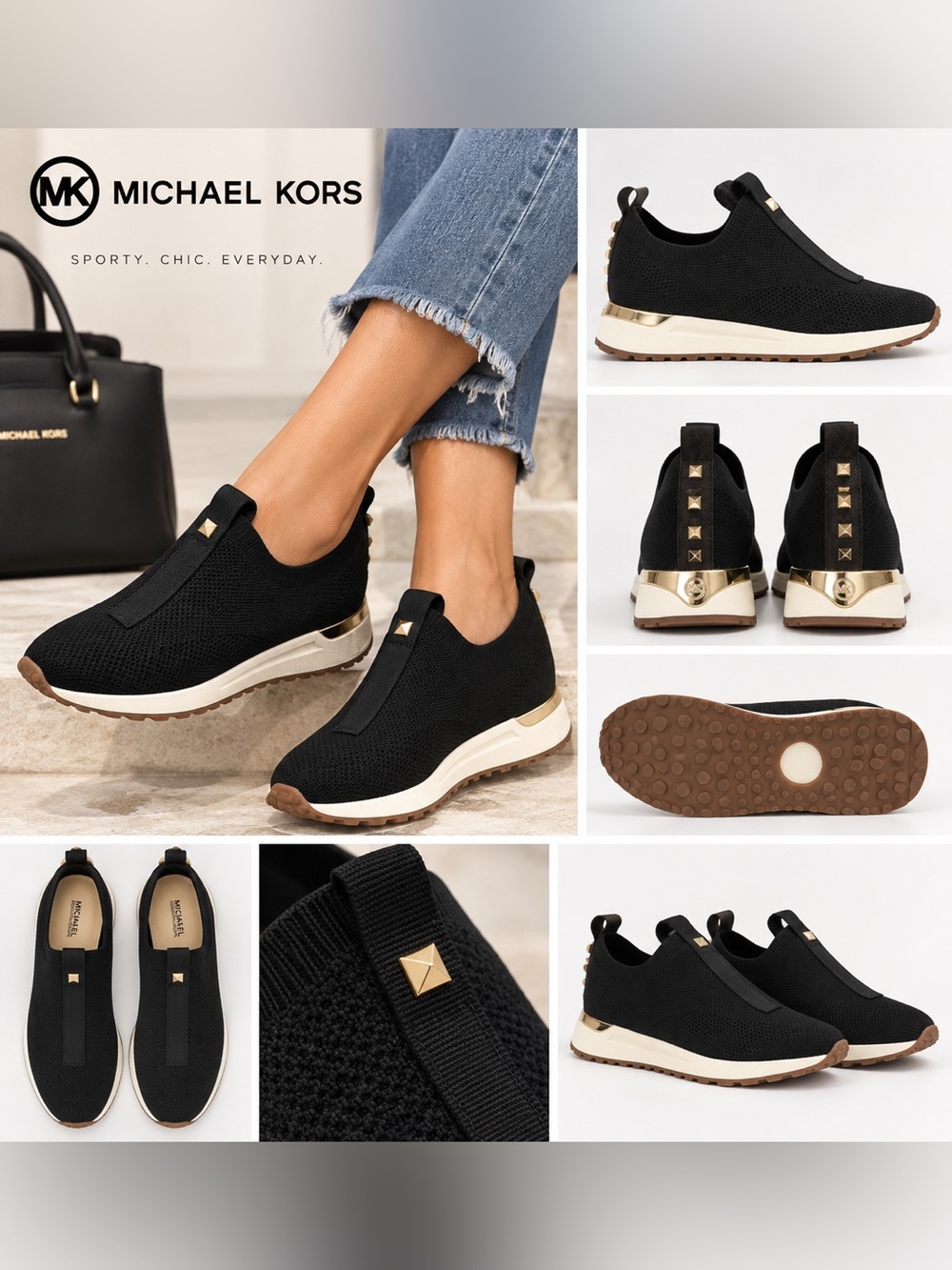 Michael Kors Bodie Black Knit Slip-On Sneakers Gold Studs Size 7 NWT